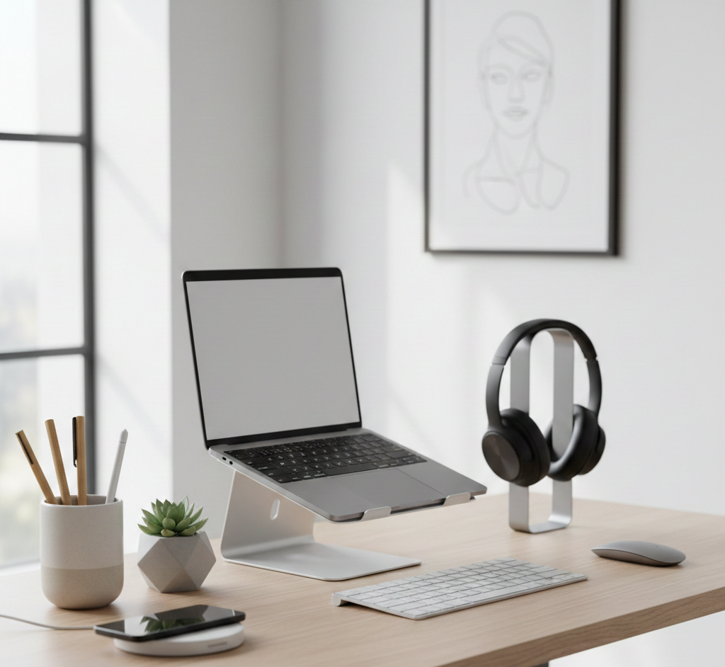 Espacio de trabajo organizado con herramientas de productividad